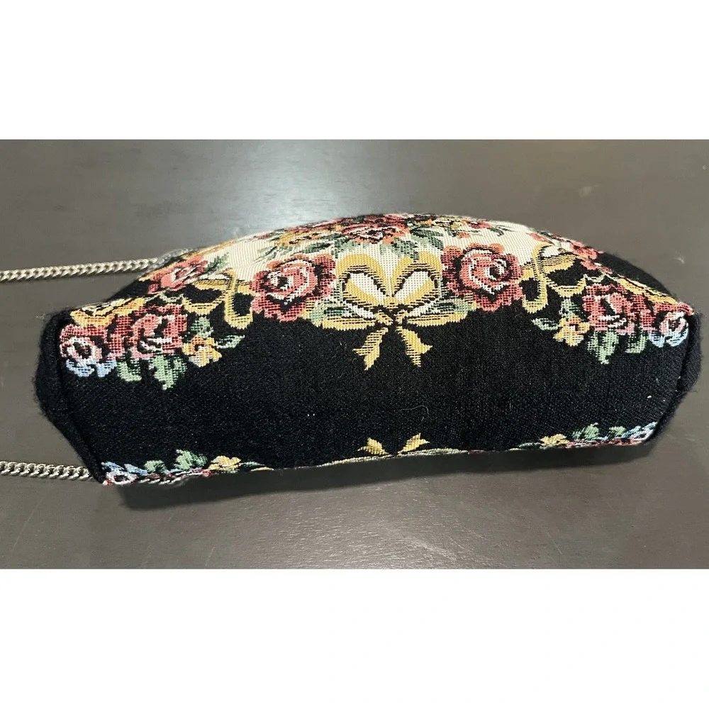 Vtg Floral Tapestry Clutch Purse Metal Chain Strap Black Floral Mad In Hong Kong